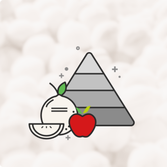 Illustration of a food pyramid with an apple and a sliced fruit in front.